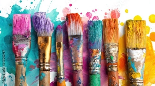 Fototapeta Colorful Paint Brushes and Splashes on White Background, Generative Ai