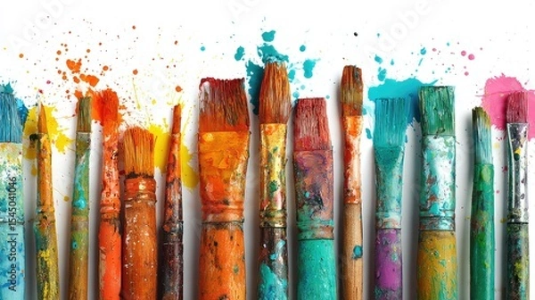 Fototapeta Colorful Paint Brushes and Splashes on White Background, Generative Ai