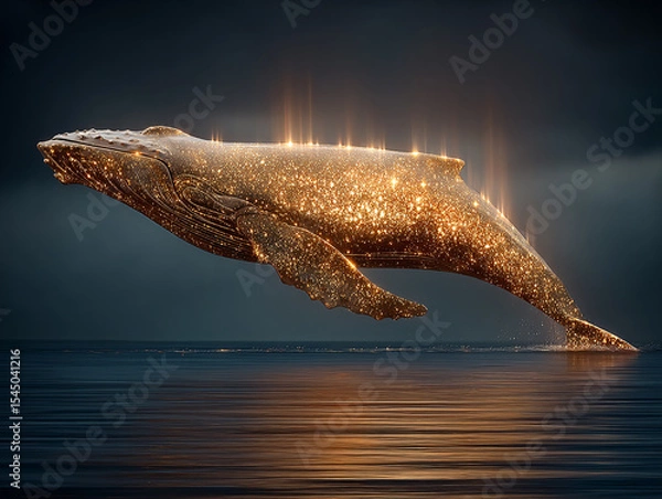 Fototapeta majestic whale floating above the water, with a mystical golden glow emanating from its back, creating a surreal and enchanting atmosphere. The setting sun casts a warm glow on the scene