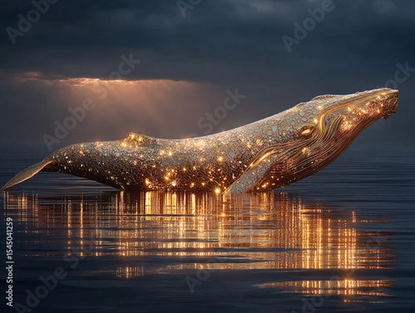Fototapeta majestic whale floating above the water, with a mystical golden glow emanating from its back, creating a surreal and enchanting atmosphere. The setting sun casts a warm glow on the scene