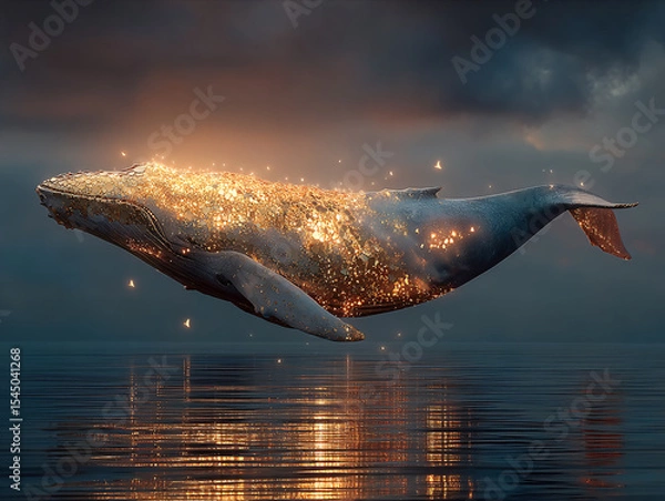 Fototapeta majestic whale floating above the water, with a mystical golden glow emanating from its back, creating a surreal and enchanting atmosphere. The setting sun casts a warm glow on the scene