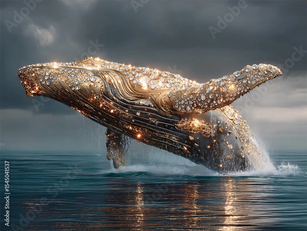 Fototapeta majestic whale floating above the water, with a mystical golden glow emanating from its back, creating a surreal and enchanting atmosphere. The setting sun casts a warm glow on the scene
