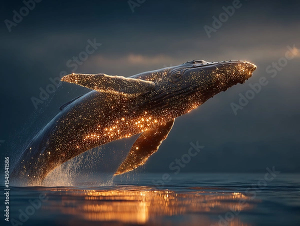 Fototapeta majestic whale floating above the water, with a mystical golden glow emanating from its back, creating a surreal and enchanting atmosphere. The setting sun casts a warm glow on the scene