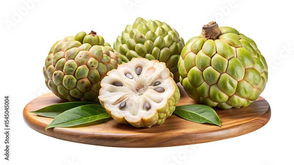 Fototapeta Delicious custard apples on a wooden platter, ready to be enjoyed