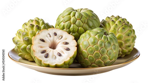 Fototapeta Ripe custard apples arranged on a plate, one sliced in half to show seeds