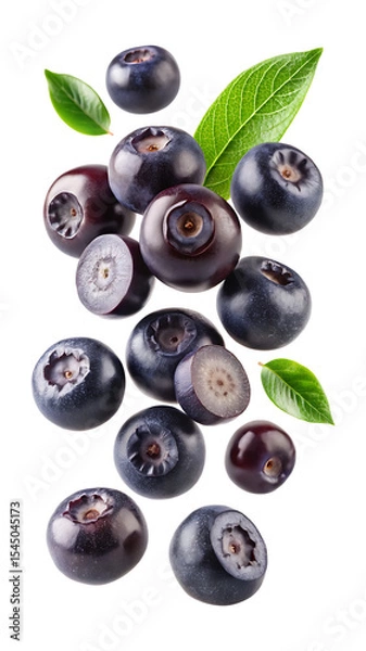 Fototapeta A vibrant and delicious display of fresh blueberries with leaves on white