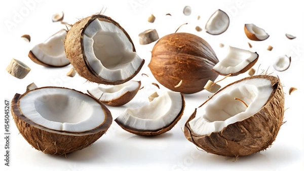 Fototapeta Artistic arrangement of fresh coconuts with slices floating on a white background