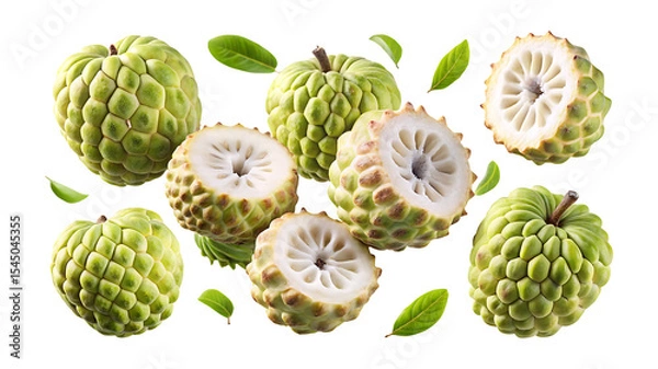 Fototapeta Delicious and Fresh Custard Apples Displayed on a White Background with Green Leaves