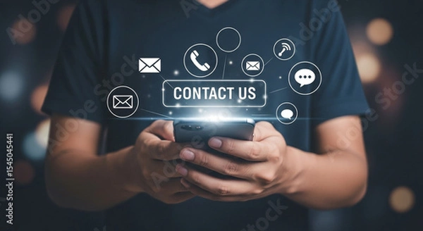 Fototapeta Person holding smartphone with contact us message and communication icons floating above device