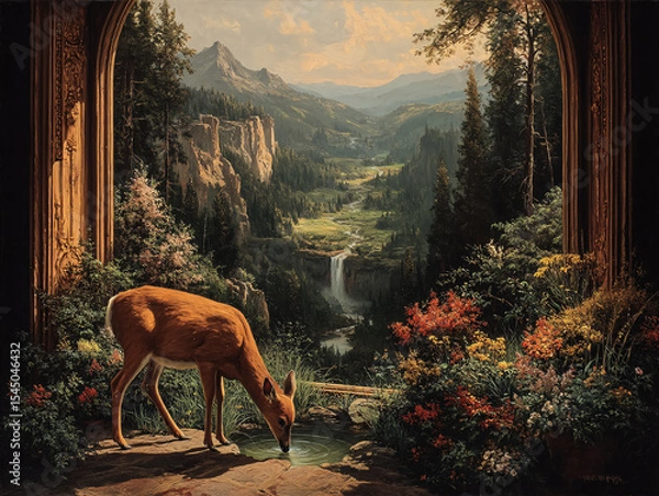 Fototapeta serene natural scene with a deer drinking water from a pool in a lush garden. The background features towering mountains and a cascading waterfall, creating a picturesque landscape.