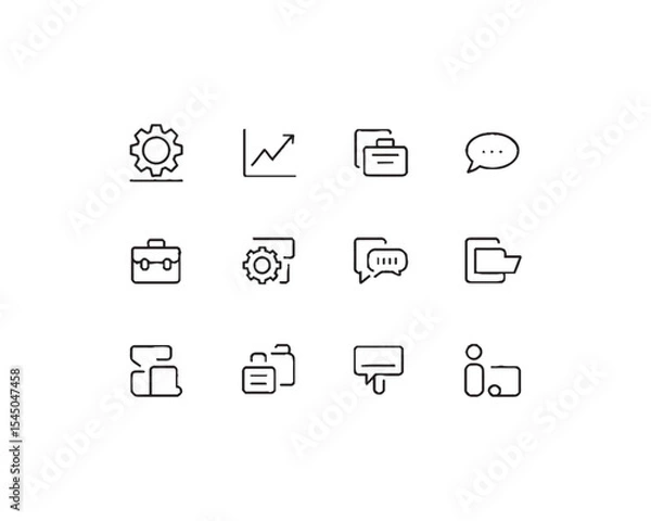 Fototapeta Business icon sets such as a graph trending upwards, a briefcase, a gear, a speech bubble, a briefcase, a gear symbol, a document with multiple pages, a locked folder.