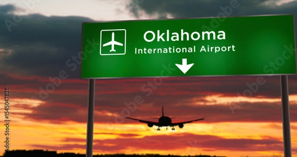 Fototapeta Plane landing in Oklahoma USA,  airport with signboard