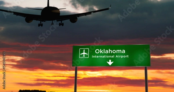 Fototapeta Plane landing in Oklahoma USA,  airport with signboard