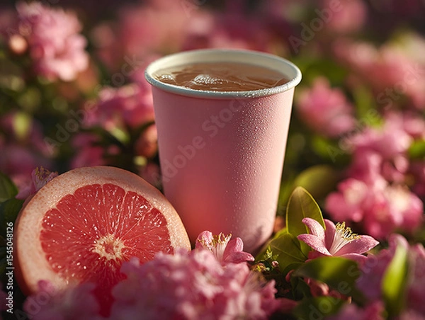Fototapeta pink cup filled with a beverage placed on a surface surrounded by pink flowers and a slice of grapefruit.