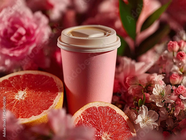 Fototapeta pink cup filled with a beverage placed on a surface surrounded by pink flowers and a slice of grapefruit.