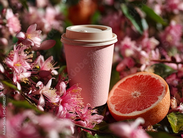 Fototapeta pink cup filled with a beverage placed on a surface surrounded by pink flowers and a slice of grapefruit.