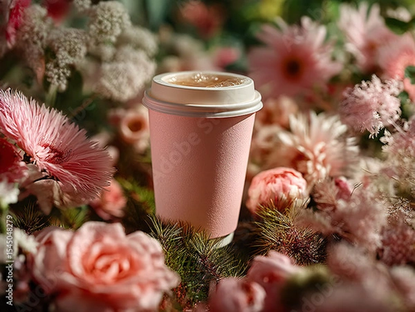 Fototapeta pink cup filled with a beverage placed on a surface surrounded by pink flowers and a slice of grapefruit.