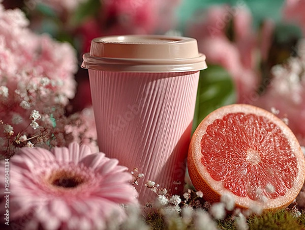 Fototapeta pink cup filled with a beverage placed on a surface surrounded by pink flowers and a slice of grapefruit.