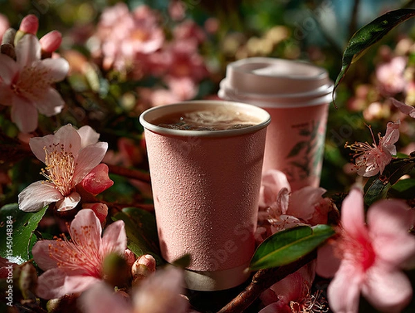 Fototapeta pink cup filled with a beverage placed on a surface surrounded by pink flowers and a slice of grapefruit.