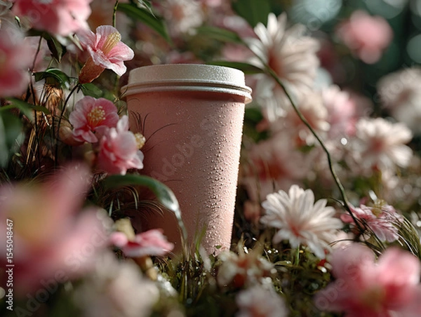 Fototapeta pink cup filled with a beverage placed on a surface surrounded by pink flowers and a slice of grapefruit.