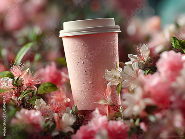 Fototapeta pink cup filled with a beverage placed on a surface surrounded by pink flowers and a slice of grapefruit.