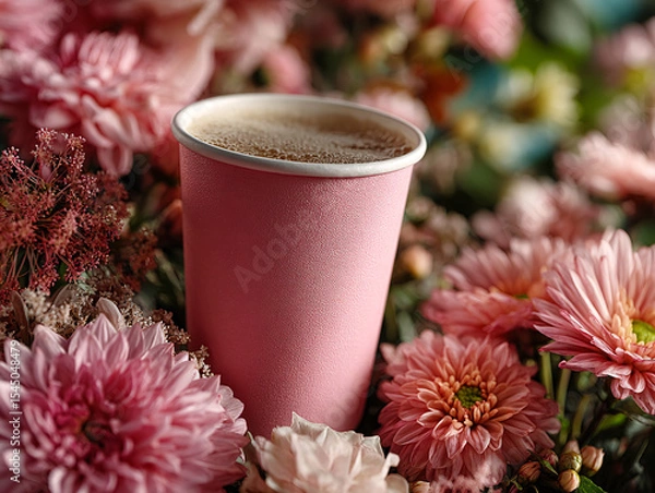 Fototapeta pink cup filled with a beverage placed on a surface surrounded by pink flowers and a slice of grapefruit.