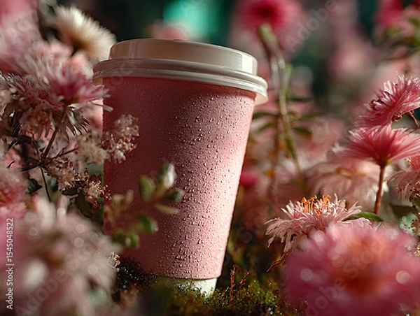 Fototapeta pink cup filled with a beverage placed on a surface surrounded by pink flowers and a slice of grapefruit.