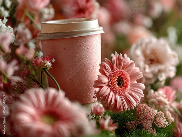 Fototapeta pink cup filled with a beverage placed on a surface surrounded by pink flowers and a slice of grapefruit.