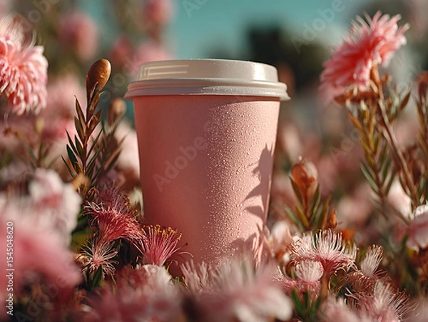 Fototapeta pink cup filled with a beverage placed on a surface surrounded by pink flowers and a slice of grapefruit.