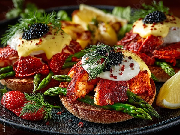 Fototapeta gourmet dish with a base of bread, topped with fresh strawberries, spinach, and a generous dollop of whipped cream topped with black caviar. The dish is garnished with edible flowers and a sprinkle of