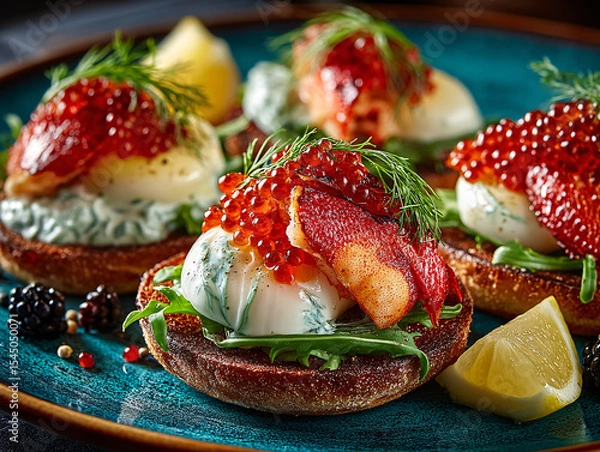 Fototapeta gourmet dish with a base of bread, topped with fresh strawberries, spinach, and a generous dollop of whipped cream topped with black caviar. The dish is garnished with edible flowers and a sprinkle of