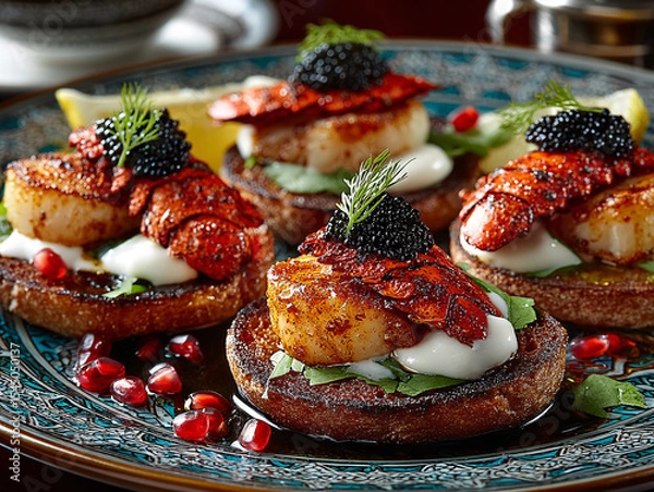 Fototapeta gourmet dish with a base of bread, topped with fresh strawberries, spinach, and a generous dollop of whipped cream topped with black caviar. The dish is garnished with edible flowers and a sprinkle of