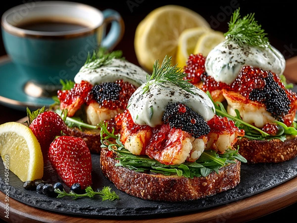 Fototapeta gourmet dish with a base of bread, topped with fresh strawberries, spinach, and a generous dollop of whipped cream topped with black caviar. The dish is garnished with edible flowers and a sprinkle of