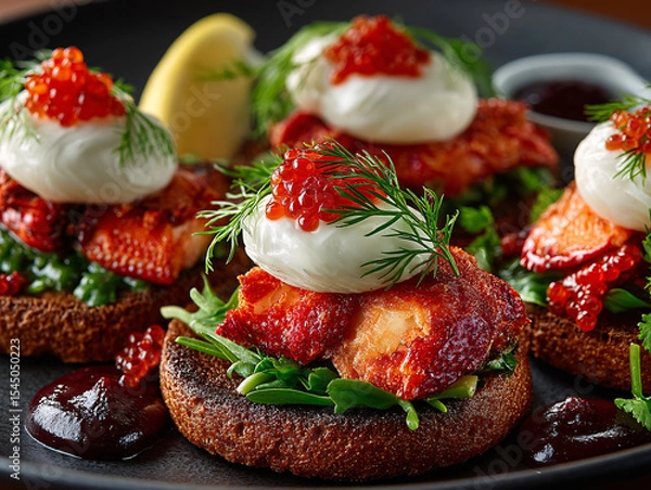 Fototapeta gourmet dish with a base of bread, topped with fresh strawberries, spinach, and a generous dollop of whipped cream topped with black caviar. The dish is garnished with edible flowers and a sprinkle of