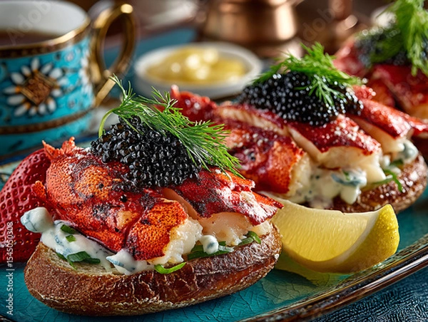 Fototapeta gourmet dish with a base of bread, topped with fresh strawberries, spinach, and a generous dollop of whipped cream topped with black caviar. The dish is garnished with edible flowers and a sprinkle of