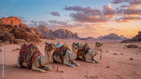 Fototapeta Three camels lie on desert sand with vibrant saddles at golden sunset, surrounded by dramatic rocks and distant mountains.
