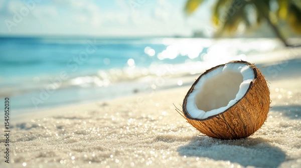 Fototapeta Half coconut rests on sunlit beach near turquoise water with blurred palm trees swaying in background under bright sky.
