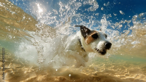 Fototapeta Dog captured mid-splash as it dives into shallow surf, with sunlight glistening through water and playful energy in motion.