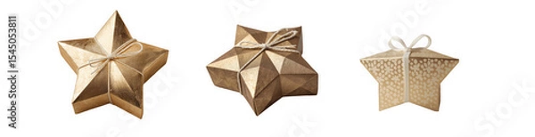 Fototapeta A set of three gold star-shaped gift boxes with various shades and shapes,  the designs include intricate geometric patterns on the paper and string wrapped around them for contrast.