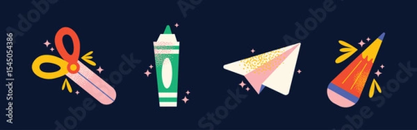 Obraz Set back to school supplies tools scissors, pencil, eraser, paper plane, magnifying glass, math notebook, basketball, apple. Flat vector illustration. Education and learning concept
