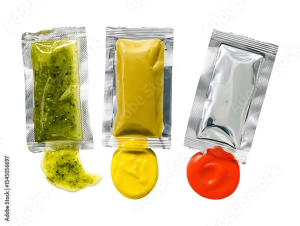 Obraz Sauce sachet packets with condiments isolated on transparent or white background, png