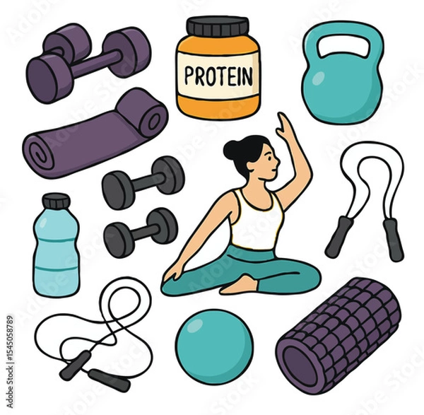 Obraz Fitness sticker set featuring weight training, yoga, and pilates elements. Includes dumbbells, protein supplements, kettlebell, jump rope, and more. Modern cartoon-style vector illustration