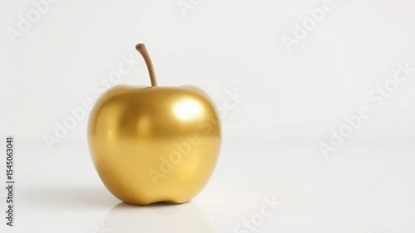 Fototapeta A singular gleaming golden apple reflects on a clean, minimalist, white surface with ample copy space on the right side
