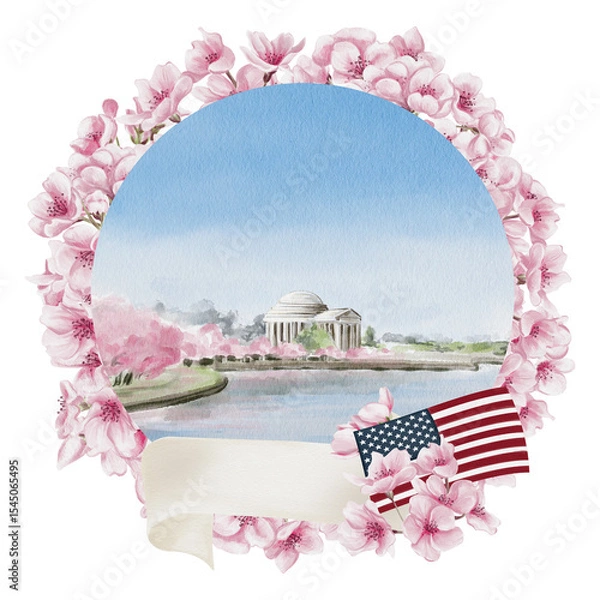 Obraz Cherry Blossom Festival in Washington DC. Jefferson Memorial during sakura.Lake with pink trees in the background. Postcard or template background. Watercolor illustration. Hand drawing.