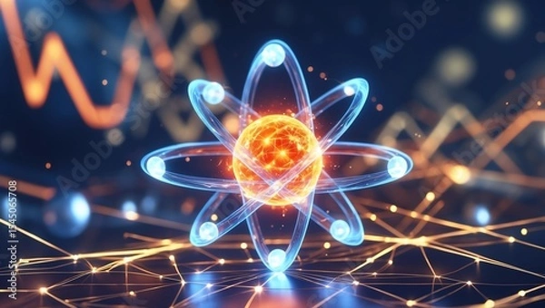 Fototapeta Atomic structure. Futuristic concept on the topic of nanotechnology in science. The nucleus of an atom surrounded by electrons on a technological background