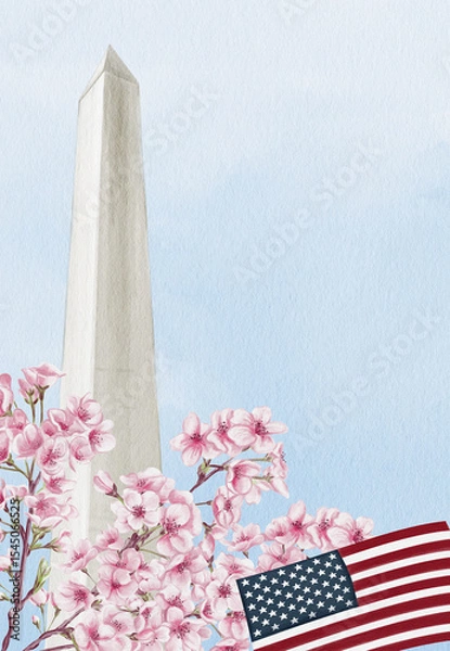 Obraz Washington Monument in Washington, D.C. National Cherry Blossom Festival. Frame with pink flowers. Watercolor illustration, hand drawing. Sketch. Template for a postcard or souvenir.