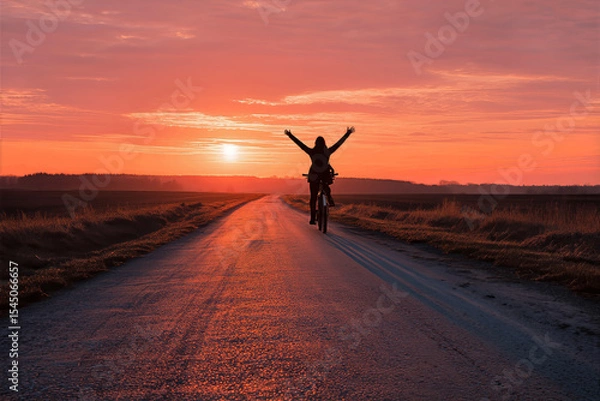 Fototapeta A lone cyclist rides with arms up toward the rising sun along an empty country road, surrounded by tranquil fields.