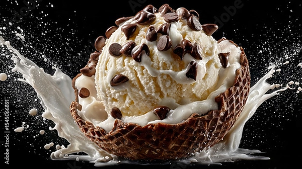 Fototapeta Vanilla ice cream with chocolate chips splashes inside a waffle cone bowl, surrounded by milk droplets and frozen motion.