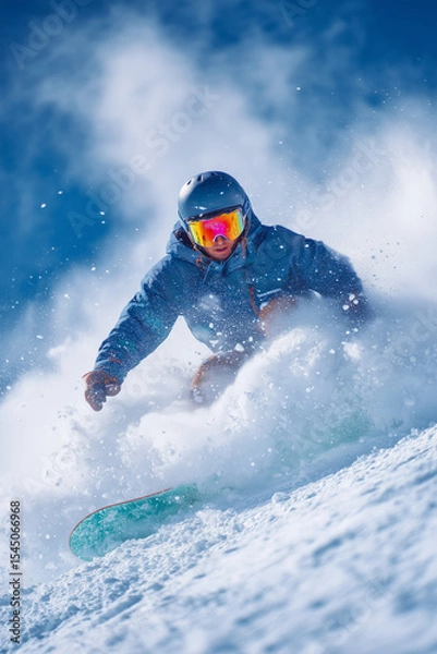 Fototapeta Dynamic shot of a snowboarder riding through deep powder snow, surrounded by flying snow and bright blue winter sky.
