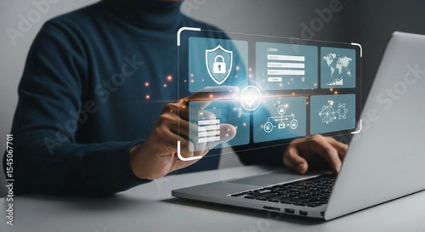 Fototapeta Person using laptop with digital interface displaying security and network information on screen